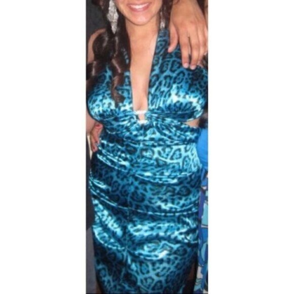 Windsor Dress S 7 (Juniors) Alison Leopard Backless Aqua Blue - Picture 3 of 13